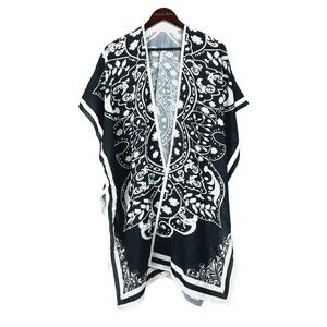 Boho Navy White Sz OS Sheer Chiffon Kimono Beach Coverup Floral Cardigan 1217U2